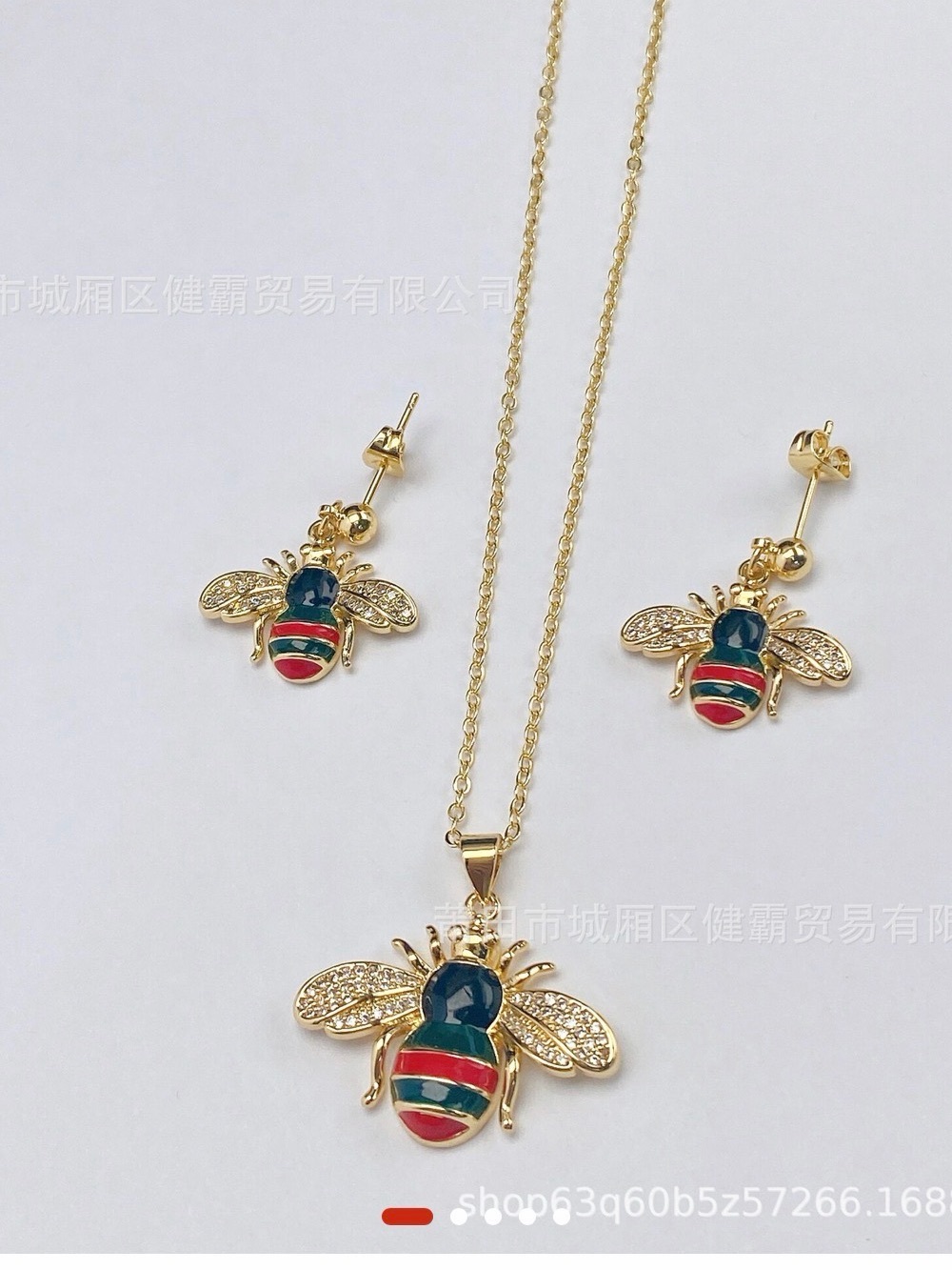 Gold Bee Pendant Necklace and Earring Set in Blue, Red, Green
